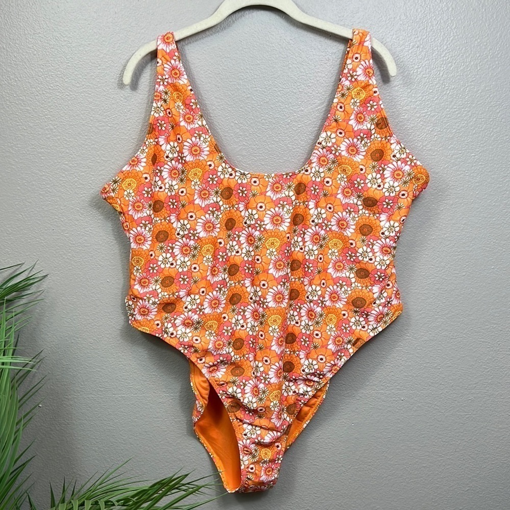 NWT Nasty Gal Floral One Piece Swimsuit 24 Orange Floral Daisy High Cut Plus Sz - Picture 3 of 11